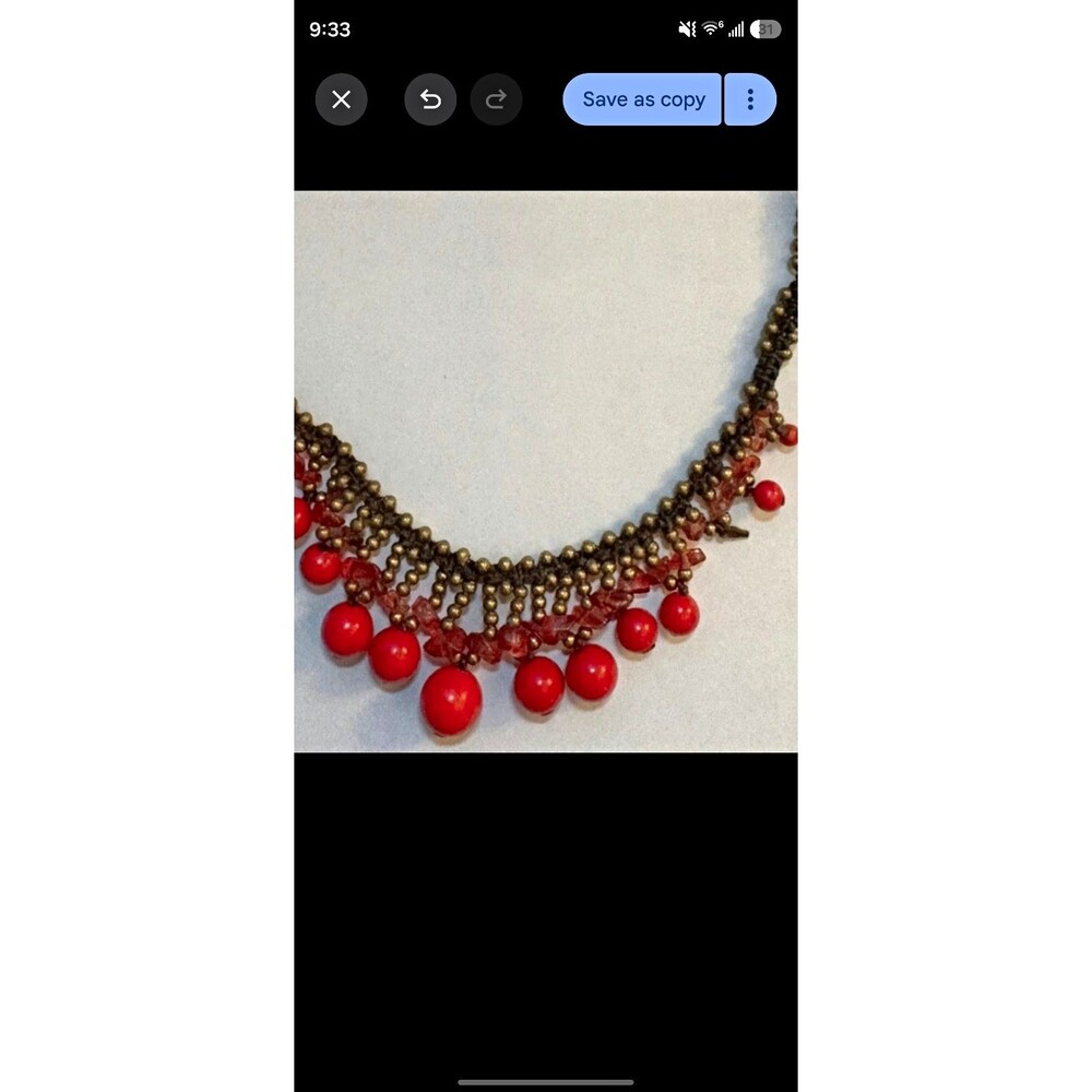 Handmade Knotted Brass Bead Bib Necklace Red Drop Beads Boho Tribal Statement